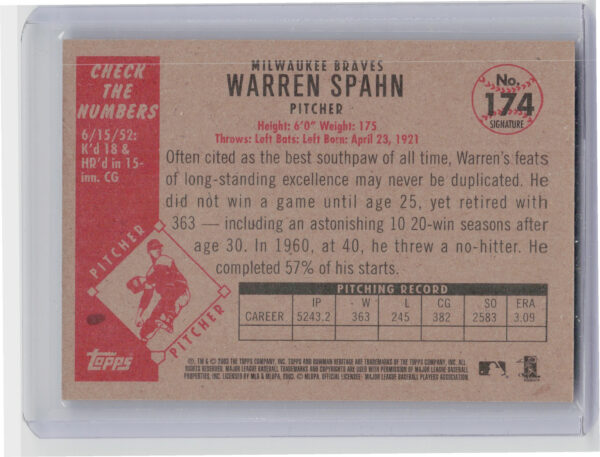 2003 Bowman Heritage Warren Spahn Facsimile Signature #174 Braves - Image 3