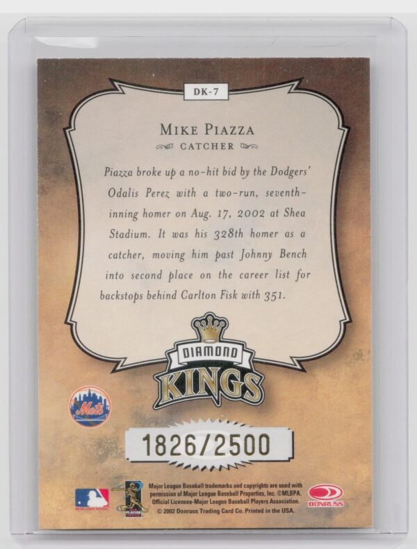 2003 Donruss Mike Piazza /2500 #DK-7 Mets Diamond Kings Gold - Image 3