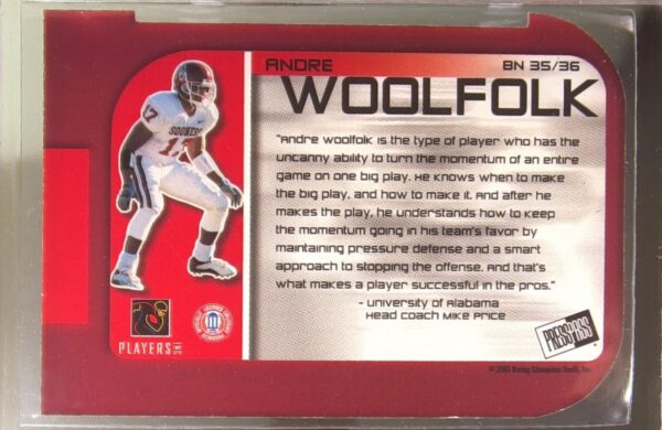 2003 Press Pass Andre Woolfolk RC #BN35 Sooners Big Numbers - Image 3