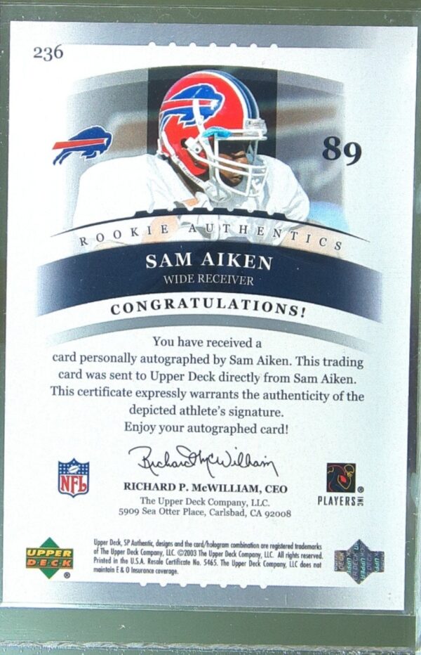 2003 SP Authentic Sam Aiken Auto /1200 RC #236 Bills - Image 3