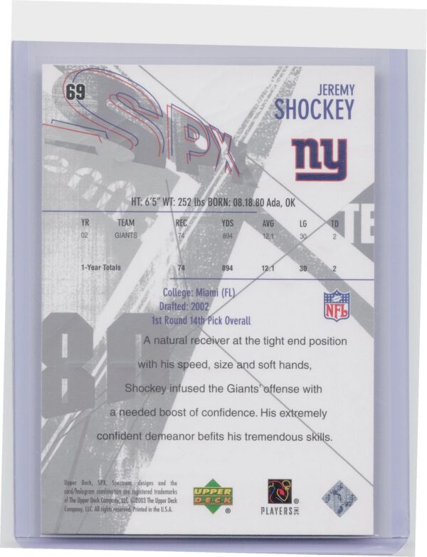 2003 SPx Jeremy Shockey #69 Giants - Image 3