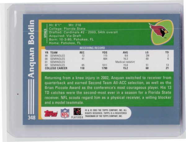 2003 Topps Anquan Boldin RC #348 Cardinals - Image 3