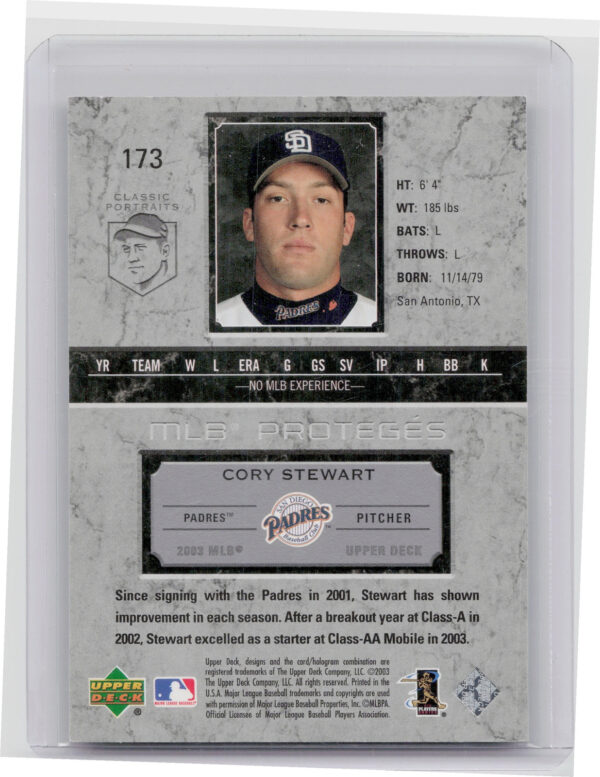 2003 Upper Deck Classic Portraits Cory Stewart RC SN2003 #173 Padres - Image 3