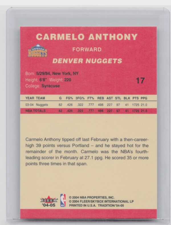 2004-05 Fleer Tradition Carmelo Anthony #17 Nuggets - Image 3