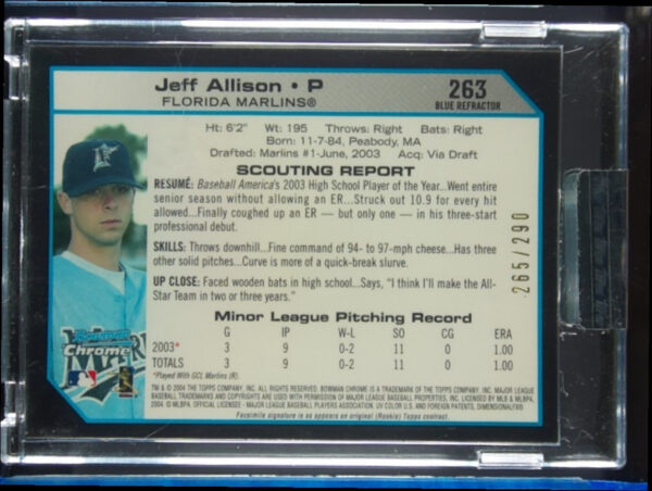 2004 Bowman Chrome Jeff Allison Blue Refractors SN290 #263 Marlins - Image 3