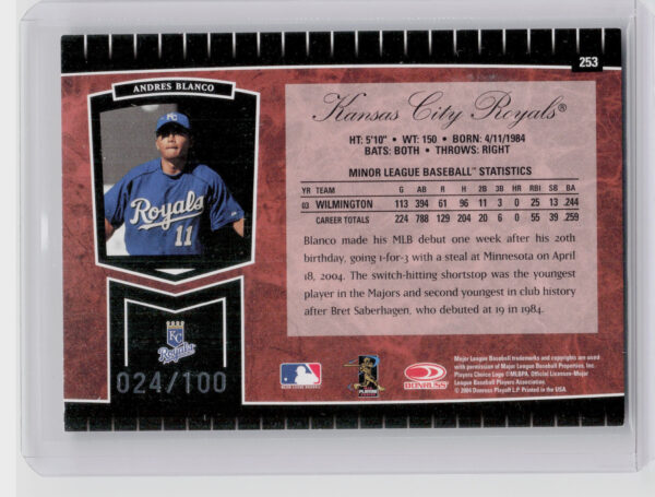 2004 Leaf Certified Cuts Andres Blanco Marble Red SN100 #253 Royals - Image 3