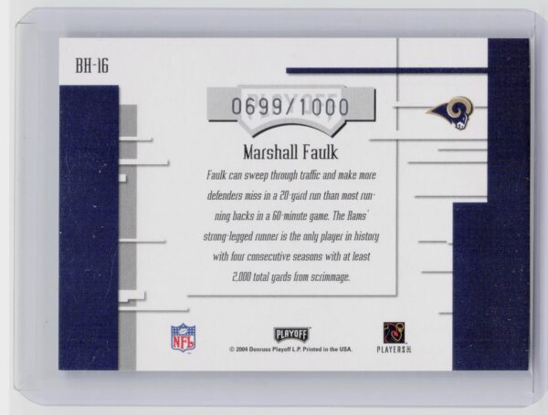 2004 Playoff Absolute Memorabilia Marshall Faulk /1000 #BH-16 Rams Boss Hoggs - Image 3