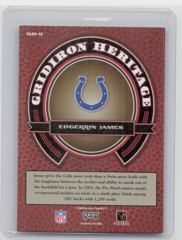 2004 Playoff Prestige Edgerrin James #GH-9 Colts Gridiron Heritage - Image 3