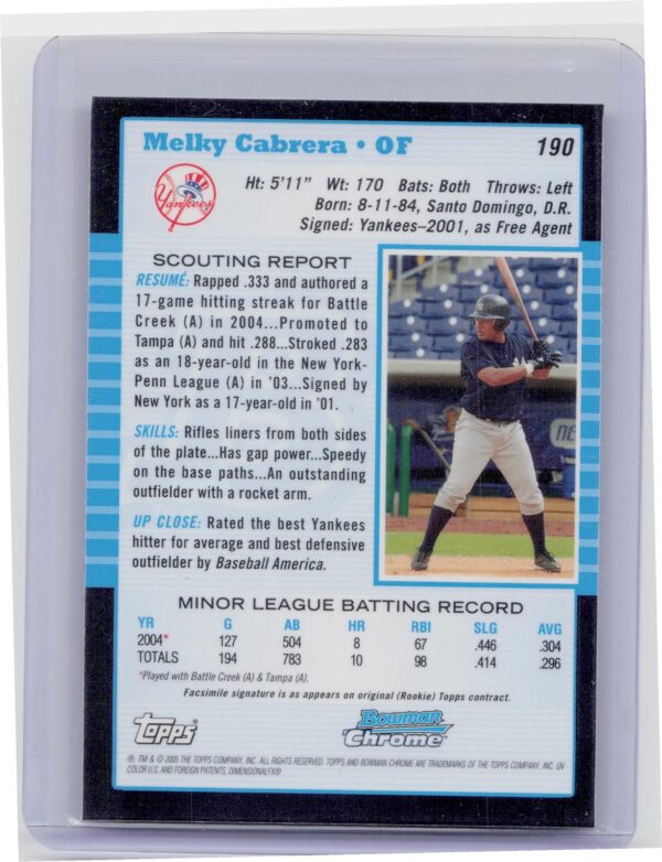 2005 Bowman Chrome Melky Cabrera RC #190 Yankees - Image 3