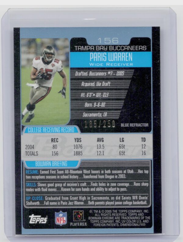 2005 Bowman Chrome Paris Warren RC #156 Buccaneers - Image 3