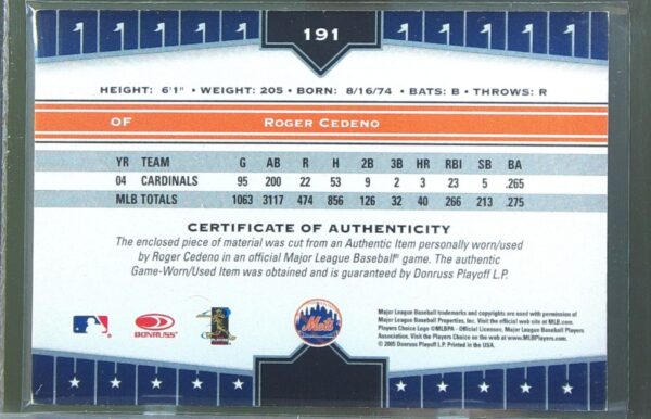 2005 Donruss Champions Roger Cedeno JSY #191 Mets Impressions Material - Image 3