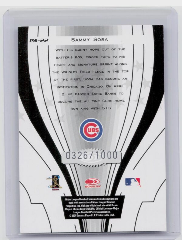 2005 Donruss Sammy Sosa /1000 #PA-22 Cubs Power Alley Blue - Image 3