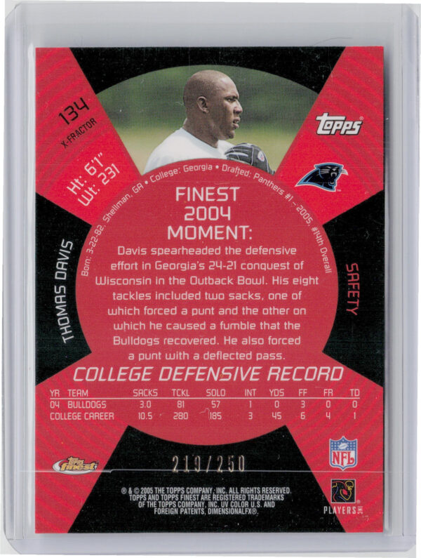 2005 Finest Thomas Davis Xfractors SN250 #134 Panthers - Image 3