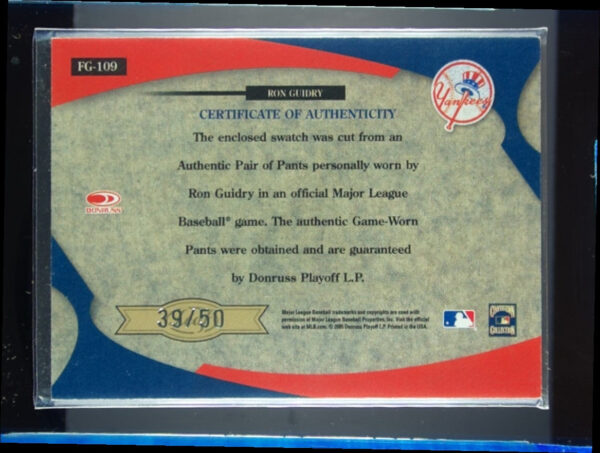 2005 Leaf Certified Materials Ron Guidry SN50 MEM #FG-109 Yankees Fabric of the - Image 3