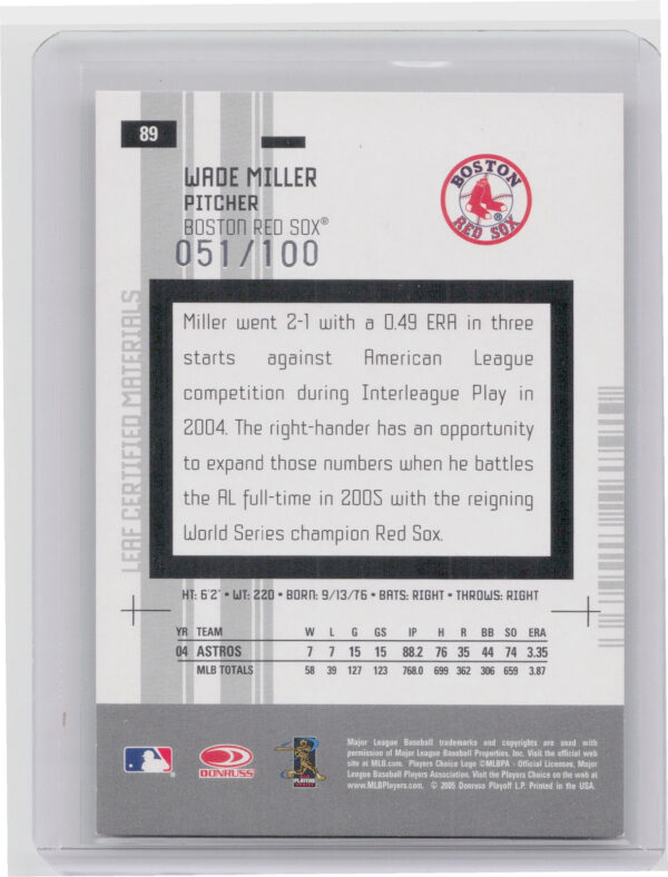2005 Leaf Certified Materials Wade Miller Mirror Red SN100 #89 Sox - Image 3