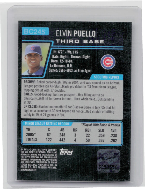2006 Bowman Chrome Elvin Puello AU #BC245 Cubs Prospects - Image 3