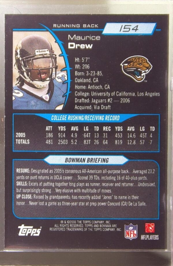 2006 Bowman Maurice Drew RC #154 Jaguars - Image 3