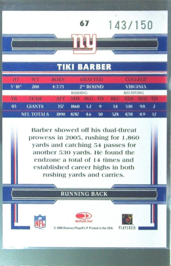 2006 Donruss Threads Tiki Barber Retail Red /150 #67 Giants - Image 3