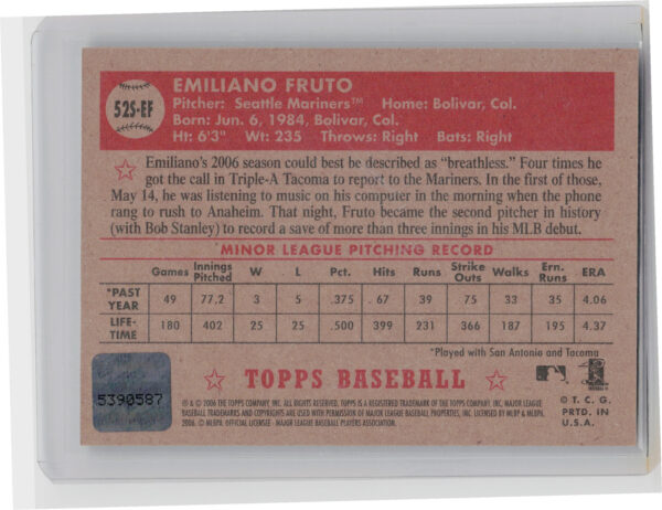 2006 Topps '52 Rookies Emiliano Fruto AU #52S-EF Mariners Signatures - Image 3