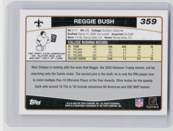 2006 Topps Reggie Bush Rookie #359 Saints - Image 3