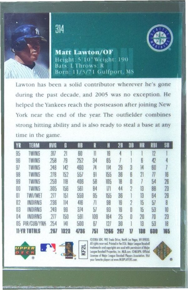 2006 Upper Deck Special F/X Matt Lawton Green /99 #314 Mariners - Image 3