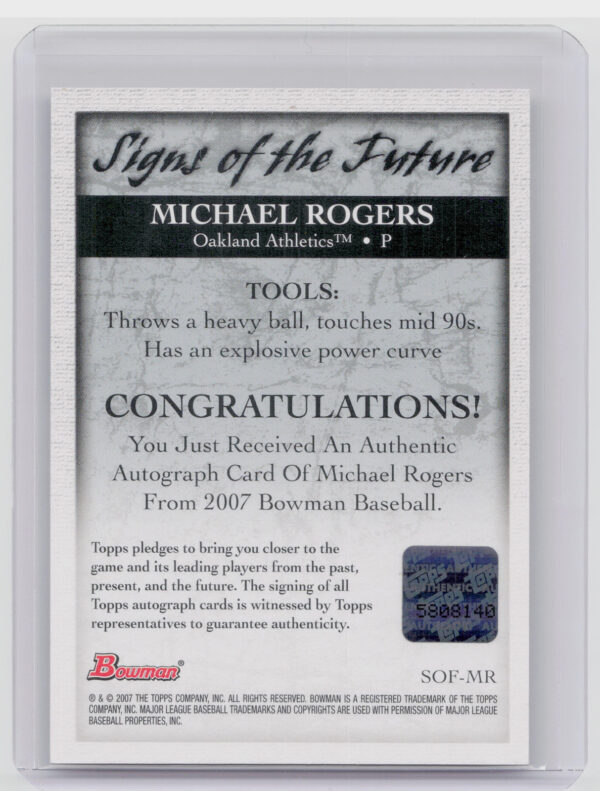 2007 Bowman Michael Rogers AU #SOF-MR Athletics Signs of the Future - Image 3