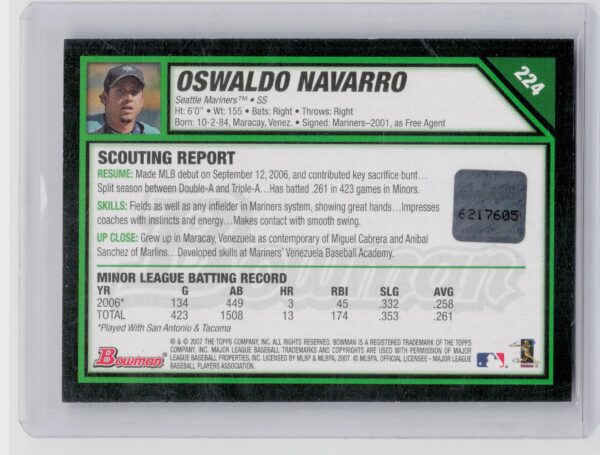 2007 Bowman Oswaldo Navarro AU SP RC #224 Mariners - Image 3