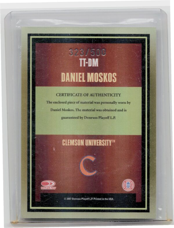2007 Donruss Elite Extra Edition Daniel Moskos SN500 MEM #TT-DM Tigers Throwback - Image 3
