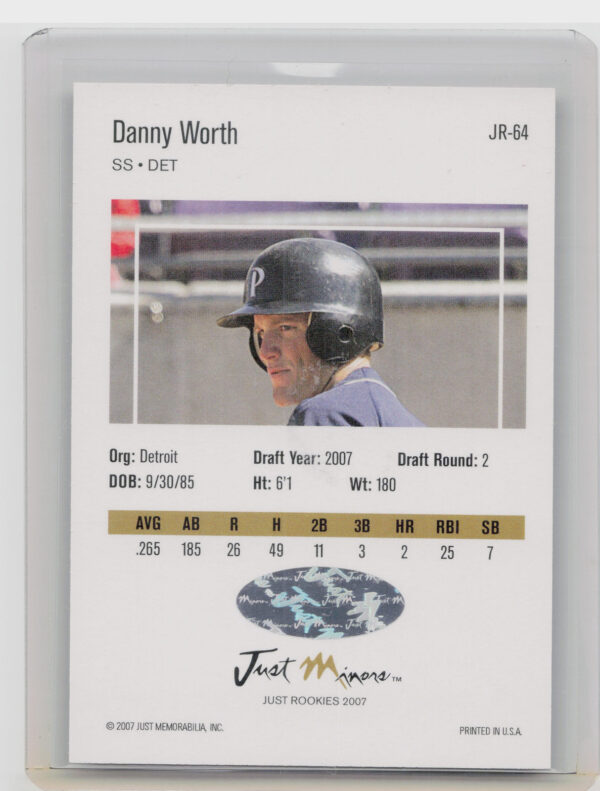 2007 Just Minors Just Rookies Danny Worth AU #JR-64 Tigers Autographs - Image 3
