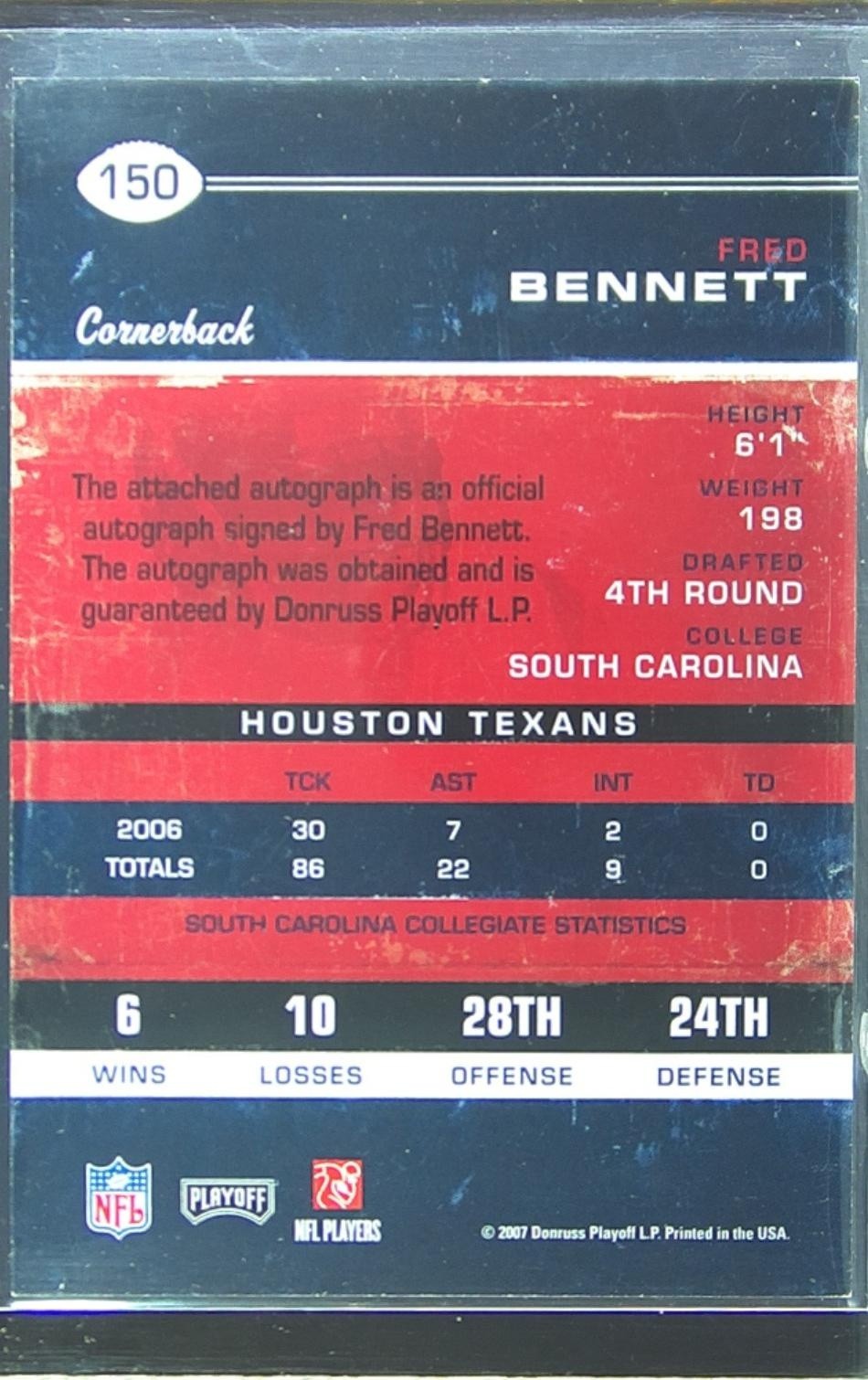 2007 Playoff Contenders Fred Bennett Auto RC #150 Texans - Image 3