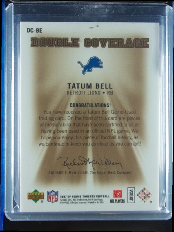2007 SP Rookie Threads Tatum Bell MEM #DC-BE Lions Double Coverage - Image 3