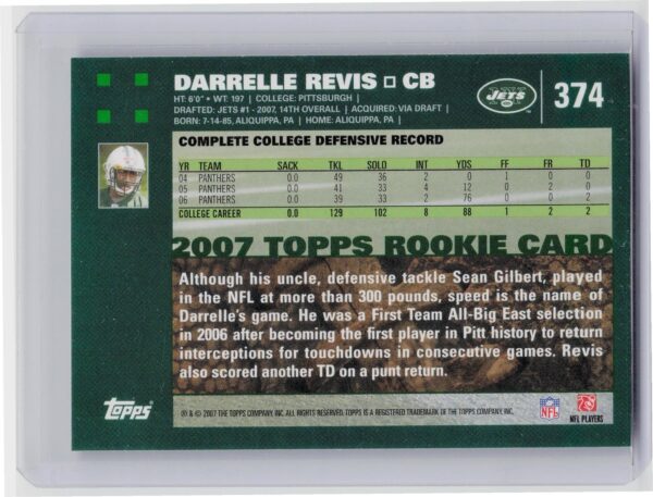 2007 Topps Darrelle Revis RC #374 Jets - Image 3