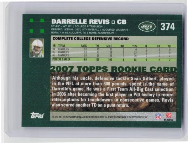 2007 Topps Darrelle Revis RC #374 Jets - Image 3