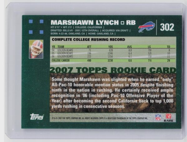 2007 Topps Marshawn Lynch RC #302 Bills - Image 3