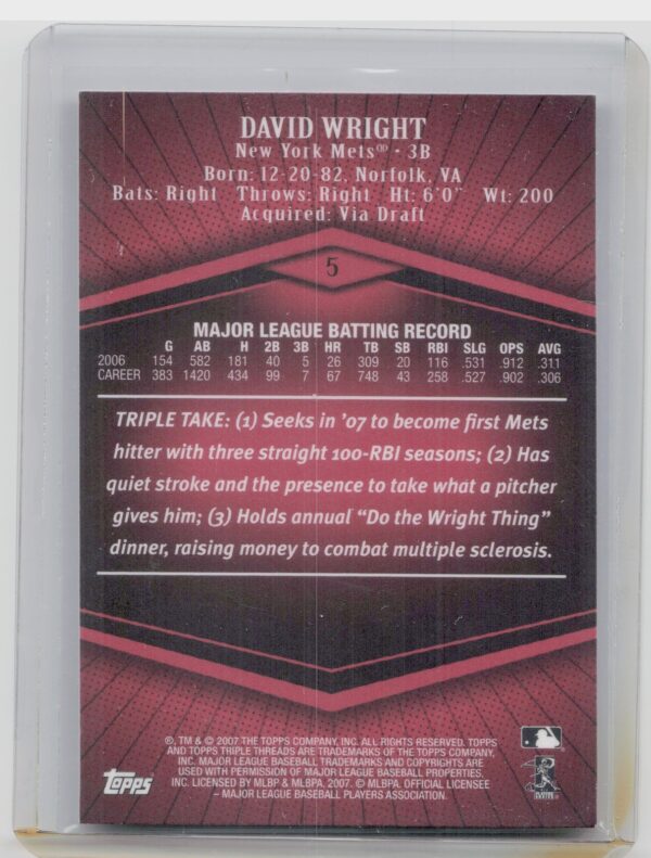 2007 Topps Triple Threads David Wright SN1350 #5 Mets - Image 3