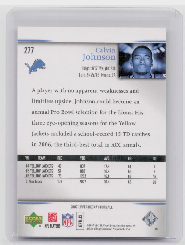 2007 Upper Deck Calvin Johnson Star Rookie Rookie Exclusives #277 Lions - Image 3