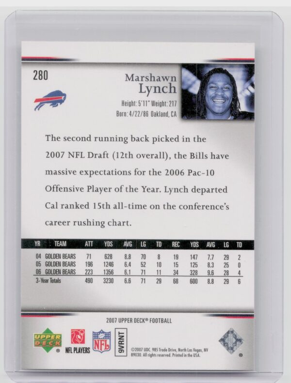 2007 Upper Deck Marshawn Lynch Rookie Exclusives Star Rookies #280 Bills - Image 3