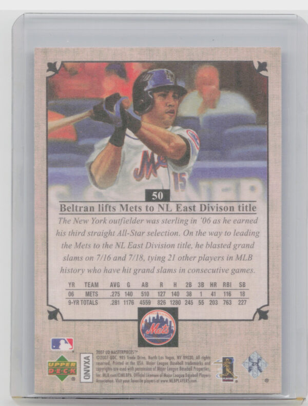 2007 Upper Deck Masterpieces Carlos Beltran #50 Mets - Image 3