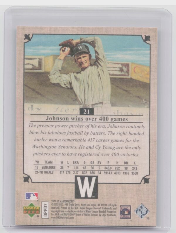 2007 Upper Deck Masterpieces Walter Johnson #21 Senators - Image 3