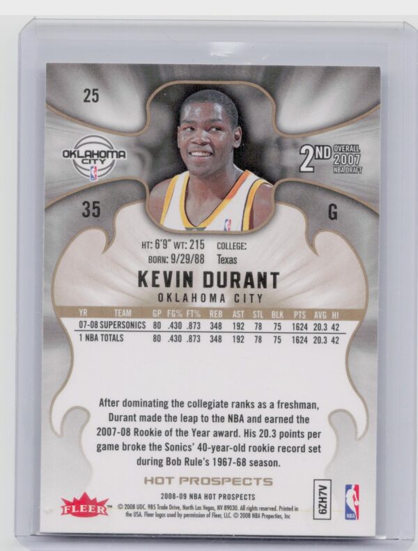 2008-09 Fleer Hot Prospects Kevin Durant #25 Thunder - Image 3
