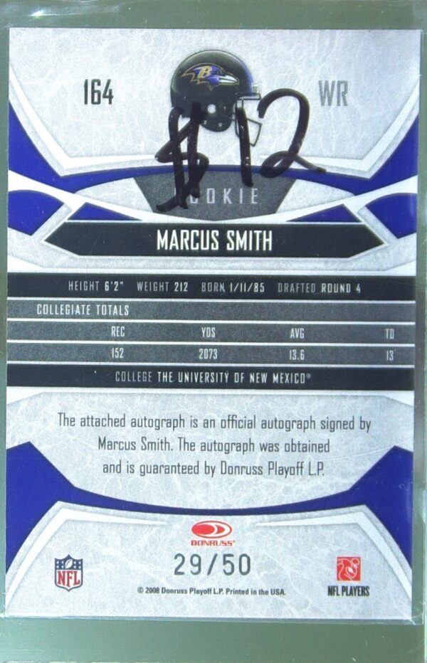 2008 Donruss Gridiron Gear Marcus Smith Auto /50 #164 Autographs Gold Holofoil - Image 3