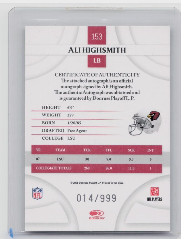 2008 Donruss Threads Ali Highsmith AU RC SN999 #153 Cardinals - Image 3