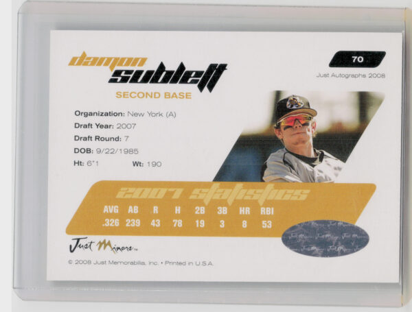 2008 Just Autographs Damon Sublett AU #70 Yankees Signatures - Image 3