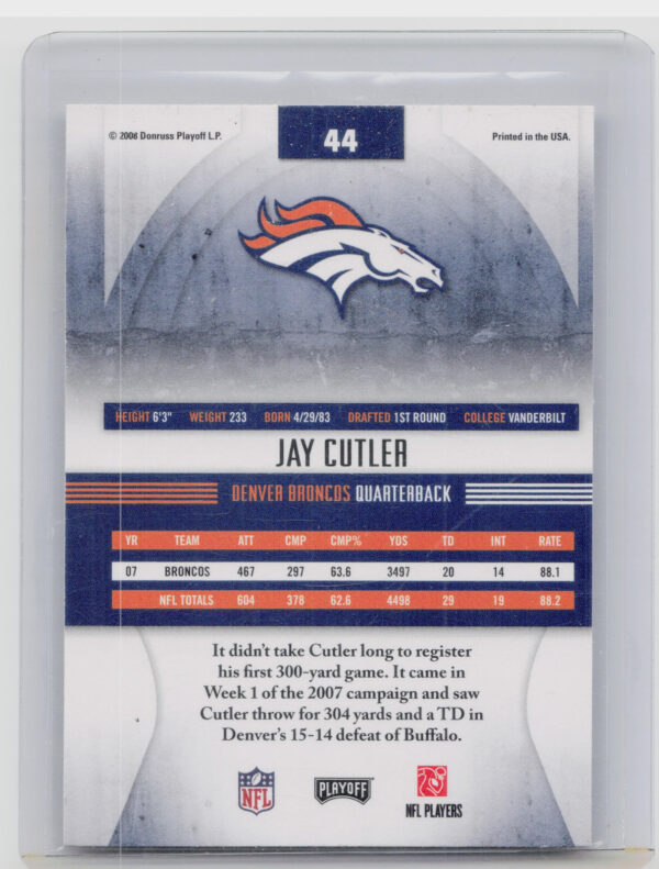 2008 Playoff Absolute Memorabilia Jay Cutler #44 Broncos - Image 3