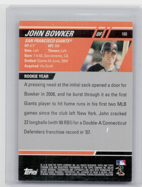2008 Stadium Club John Bowker AU RC #160 Giants - Image 3