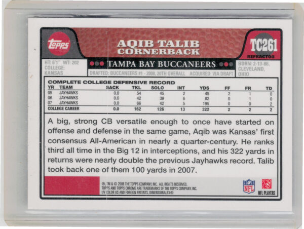 2008 Topps Chrome Aqib Talib Refractors #TC261 Buccaneers - Image 3