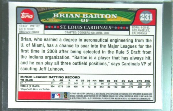 2008 Topps Chrome Brian Barton Auto RC #231 Cardinals - Image 3