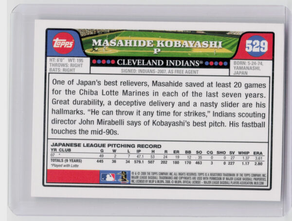 2008 Topps Masahide Kobayashi RC #529 Indians - Image 3
