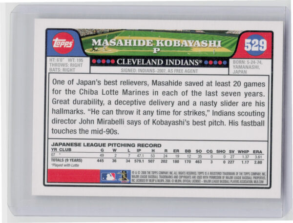 2008 Topps Masahide Kobayashi RC #529 Indians - Image 3