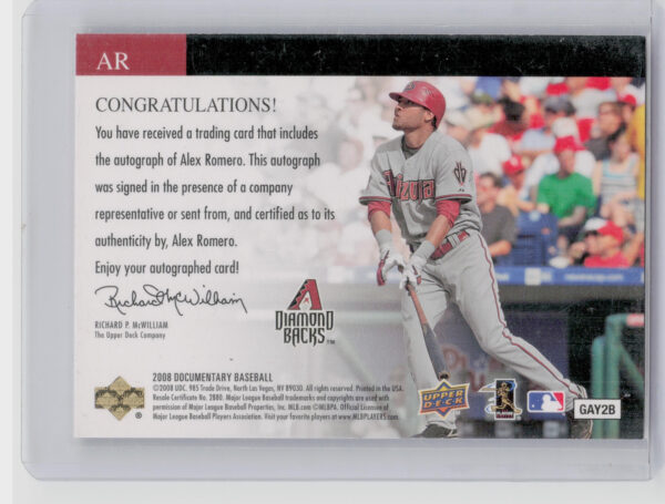 2008 Upper Deck Documentary Alex Romero AU #AR Diamondbacks Seasonal Signatures - Image 3